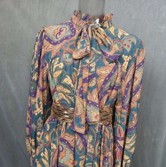 80s vintage green paisley print loose fitted dress - Picture 2 of 9
